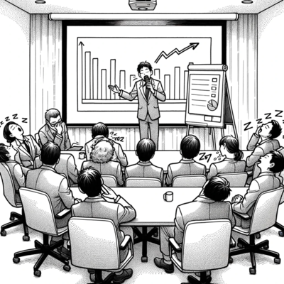 Illustration of a crowd dozing off while listening to a monotonous presentation