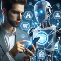 Person using smartphone next to humanoid robot with digital icons