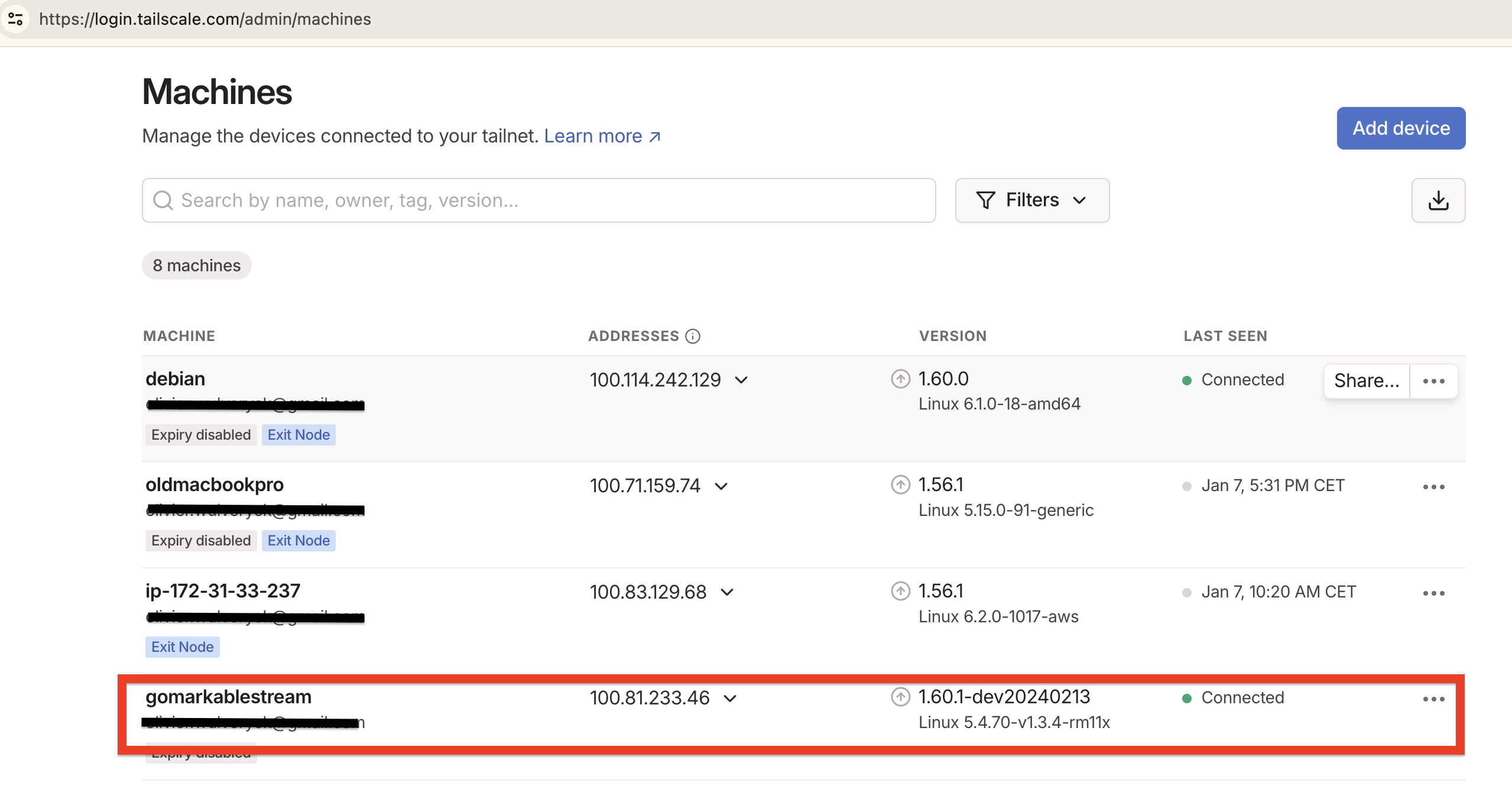 Admin panel of tailscale with a list of machine connected, and an highlight on the gomarkablestream service